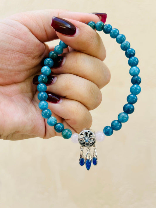 Blue Apatite Jade with Rose Quartz Bracelet Large Adult Size - Blu Lunas Shoppe