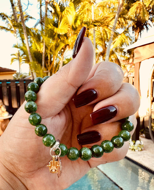 Green Jade Bracelet with 925 Sterling Silver Evil Eye Charm M Adult Size - Blu Lunas Shoppe